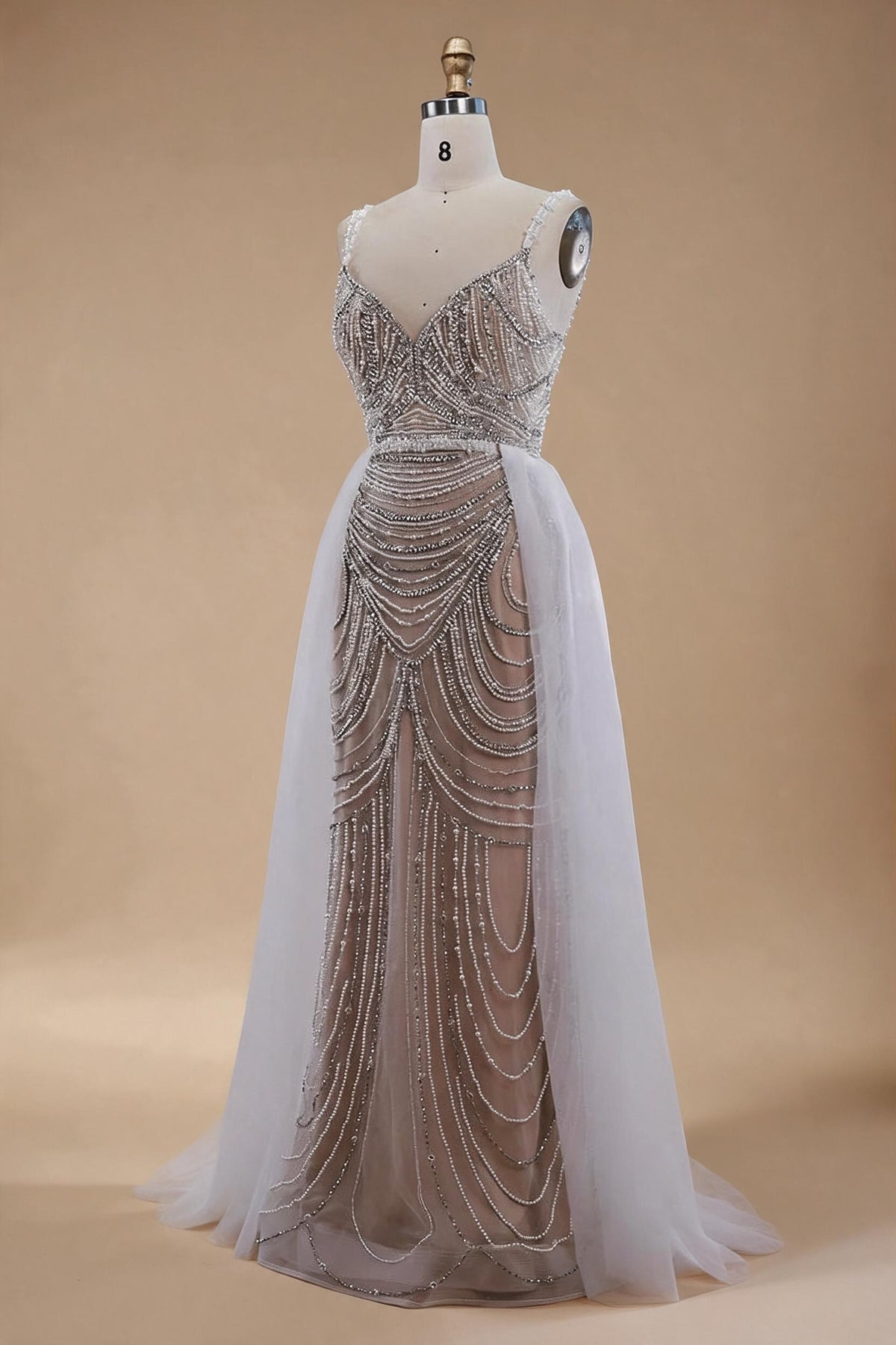 Zapdress White Nude V-neck Sleeveless Mermaid Beaded Evening Dress with Overskirt Wedding Party Gowns DLA72253A Customized (ZD17367)