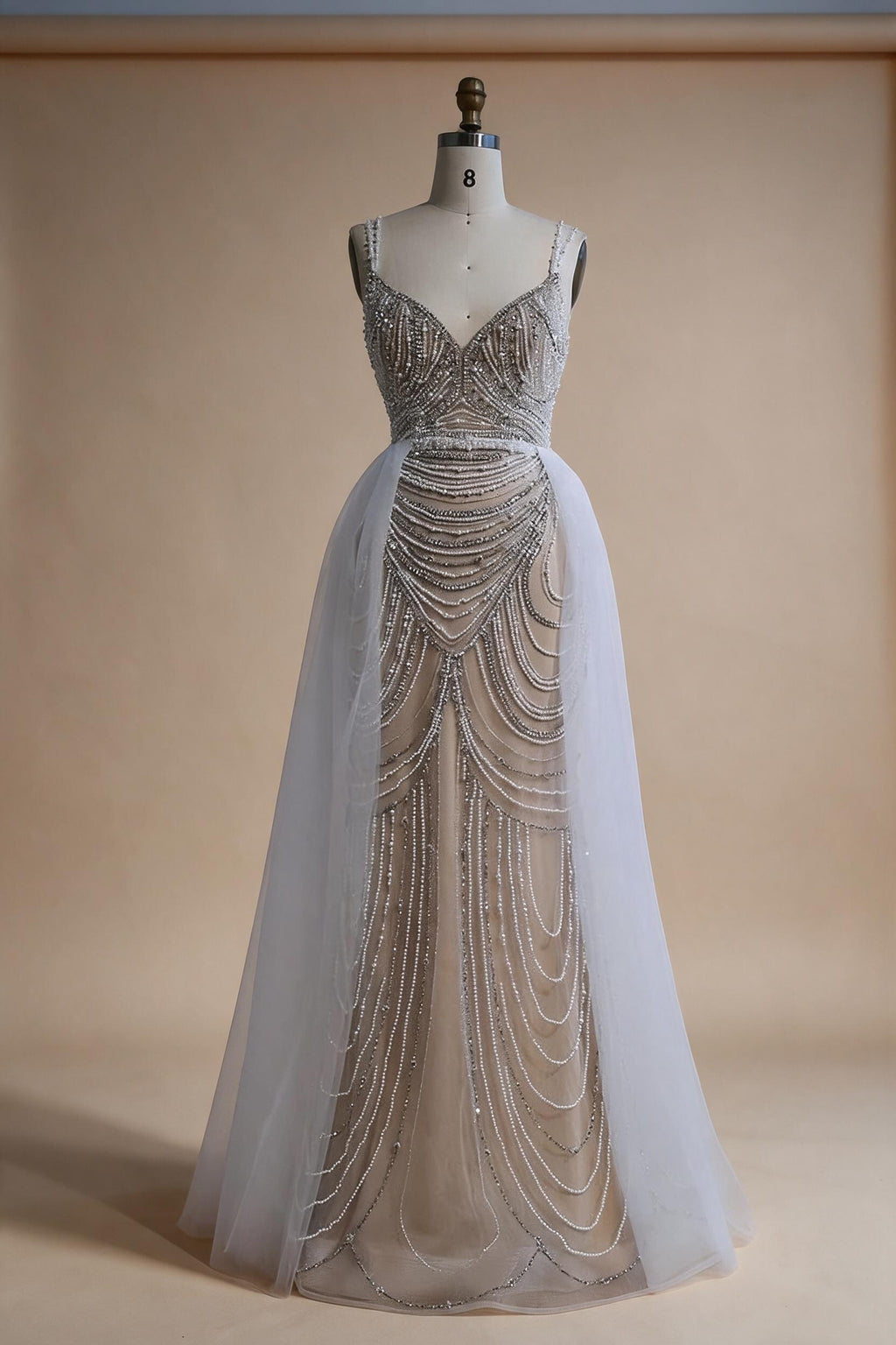 Zapdress White Nude V-neck Sleeveless Mermaid Beaded Evening Dress with Overskirt Wedding Party Gowns DLA72253A Customized (ZD17367)