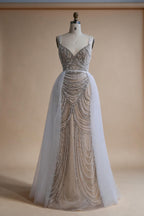 Zapdress White Nude V-neck Sleeveless Mermaid Beaded Evening Dress with Overskirt Wedding Party Gowns DLA72253A Customized (ZD17367)