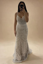 Zapdress White Nude V-neck Sleeveless Mermaid Beaded Evening Dress with Overskirt Wedding Party Gowns DLA72253A Customized (ZD17367)