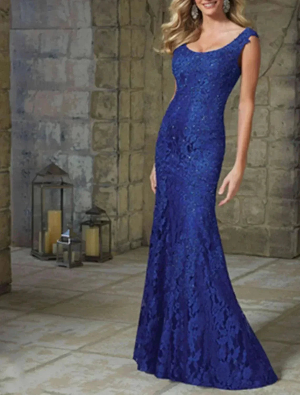 Mermaid Party Dress Elegant Floral Wedding Guest Formal Evening Dress Scoop Neck Sleeveless Floor Length Lace with Lace Insert Pattern / Print by NumberSea