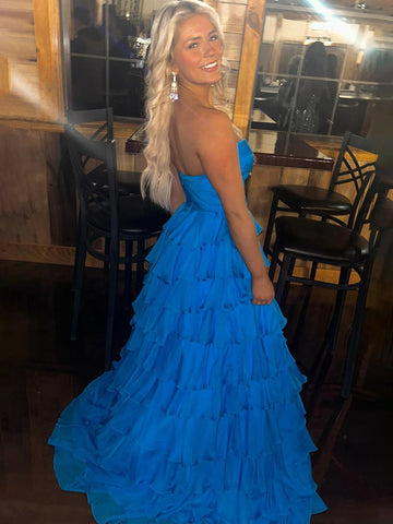 Bindi | Herzförmiges, blaues Chiffon-Ballkleid in A-Linie 