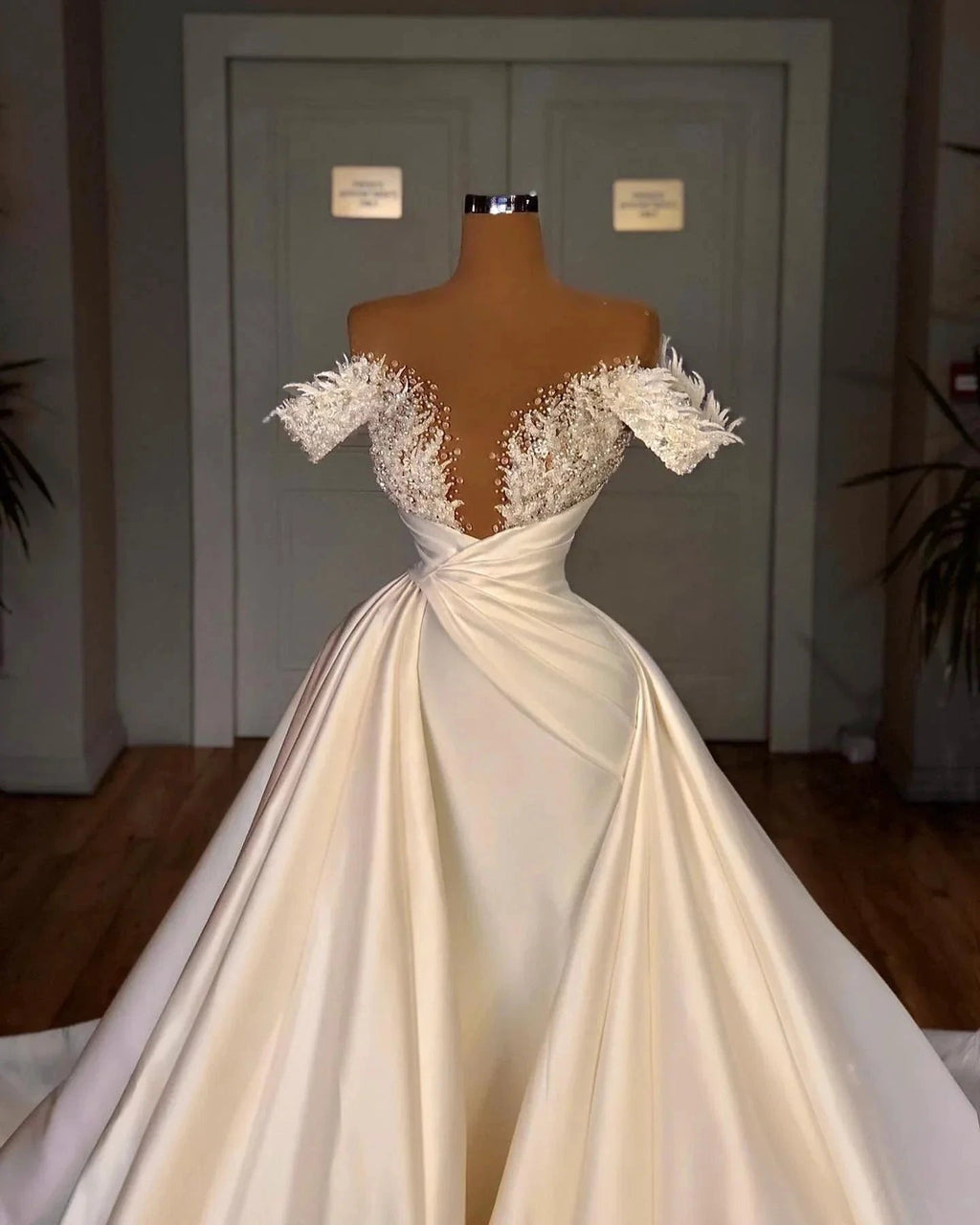 Biztunnel Charming Long A-line Off-the-shoulder Satin Lace Wedding Dresses by BIZTUNNEL
