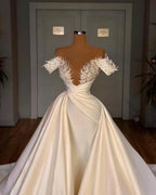 Biztunnel Charming Long A-line Off-the-shoulder Satin Lace Wedding Dresses by BIZTUNNEL