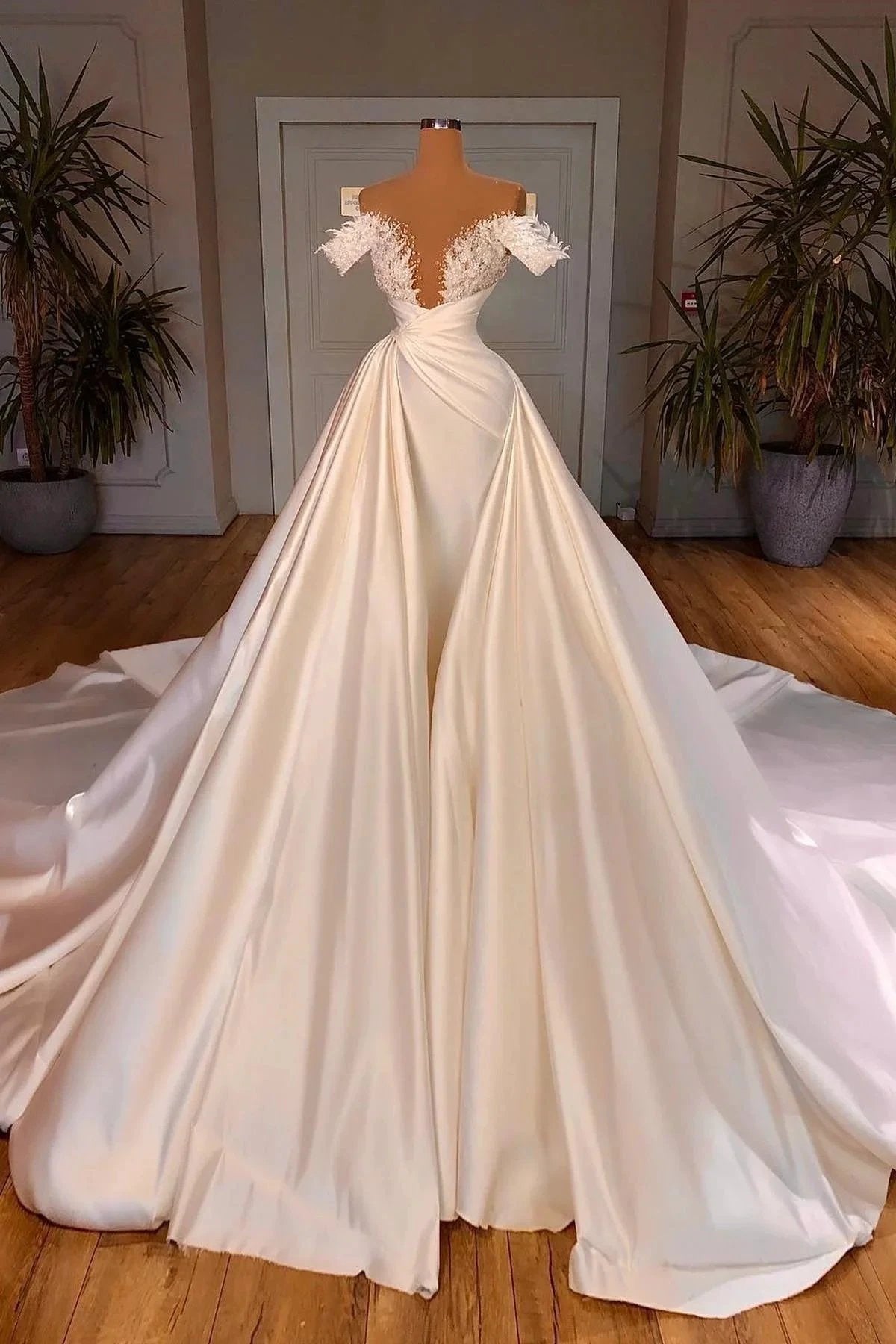 Biztunnel Charming Long A-line Off-the-shoulder Satin Lace Wedding Dresses by BIZTUNNEL