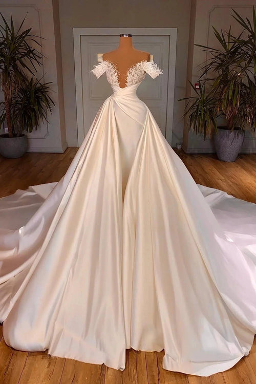 Biztunnel Charming Long A-line Off-the-shoulder Satin Lace Wedding Dresses by BIZTUNNEL