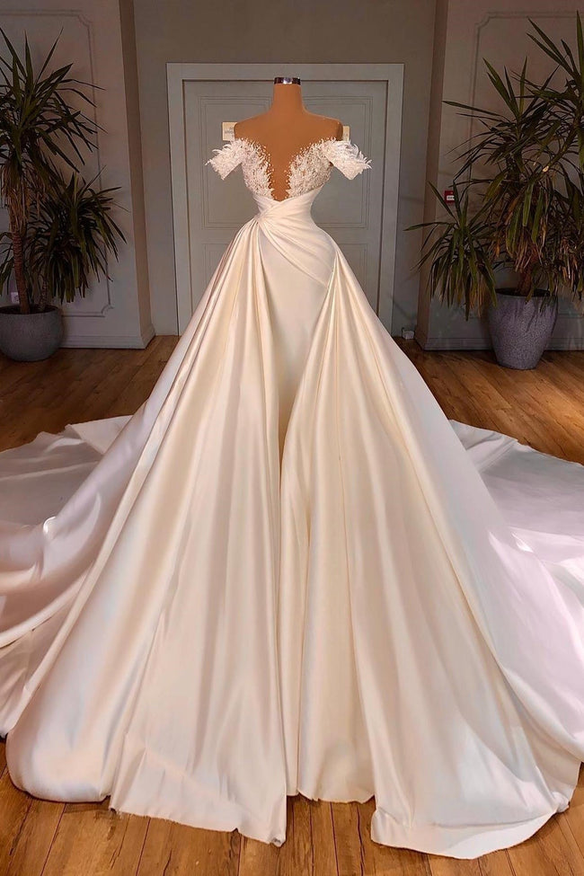 Biztunnel Charming Long A-line Off-the-shoulder Satin Lace Wedding Dresses Hover Image