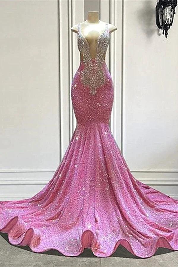 Biztunnel Chic Long Mermaid Sequined Sleeveless Straps Beading Prom Dress by BIZTUNNEL