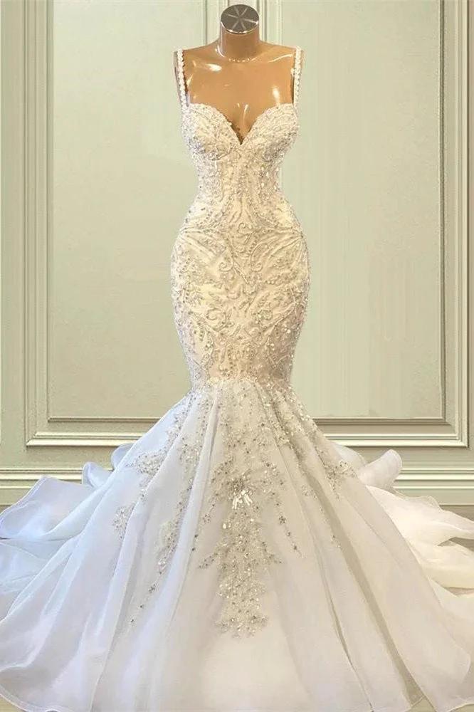 Biztunnel Elegant Long Mermaid Sweetheart Sleeveless Tulle Lace Wedding Dress by BIZTUNNEL