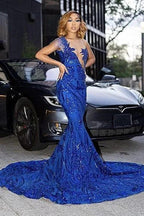 Biztunnel Fabulous Long Mermaid Jewel Asymmetrical Tulle Lace Prom Dress by BIZTUNNEL