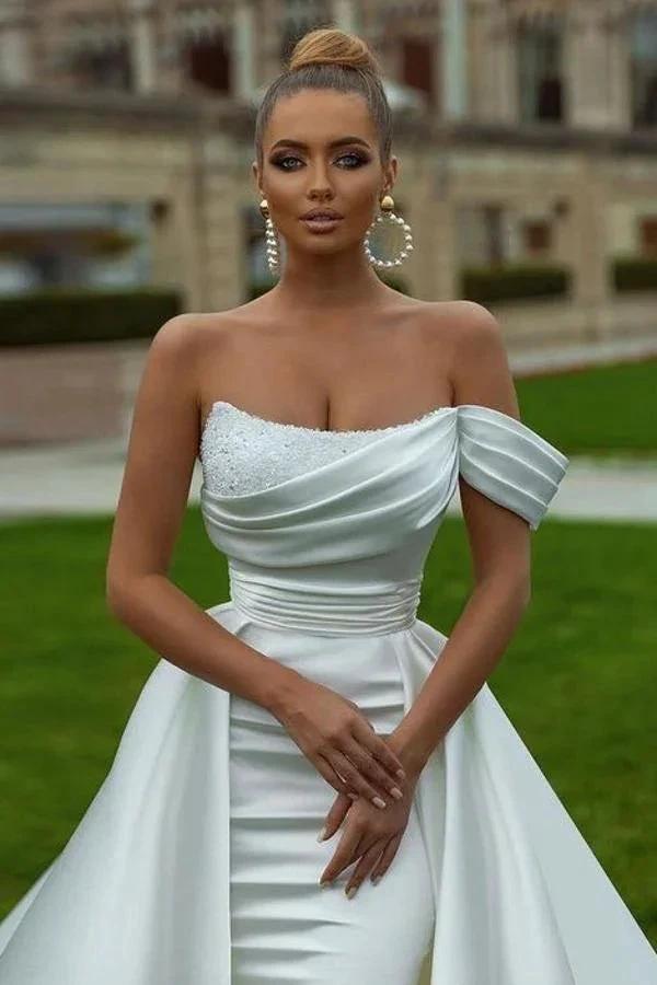 Biztunnel Fabulous Long Mermaid One Shoulder Chapel Train Satin Wedding Dress with Ruffles by BIZTUNNEL