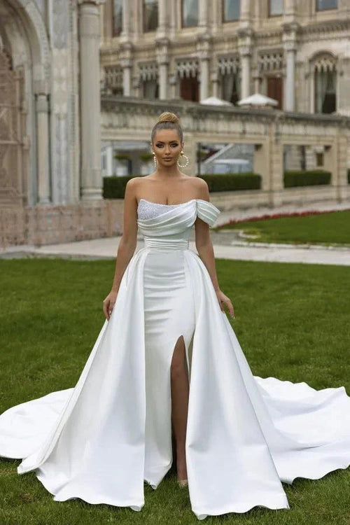 Biztunnel Fabulous Long Mermaid One Shoulder Chapel Train Satin Wedding Dress with Ruffles by BIZTUNNEL