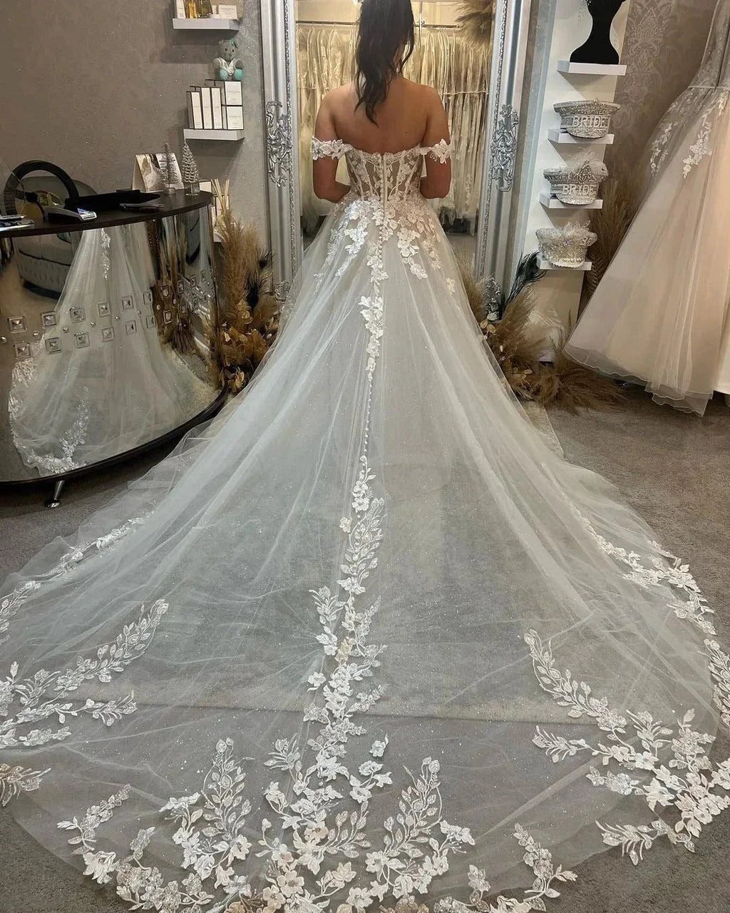 Biztunnel Long A-line Off the Shoulder Tulle Lace Wedding Dresses with Train by BIZTUNNEL