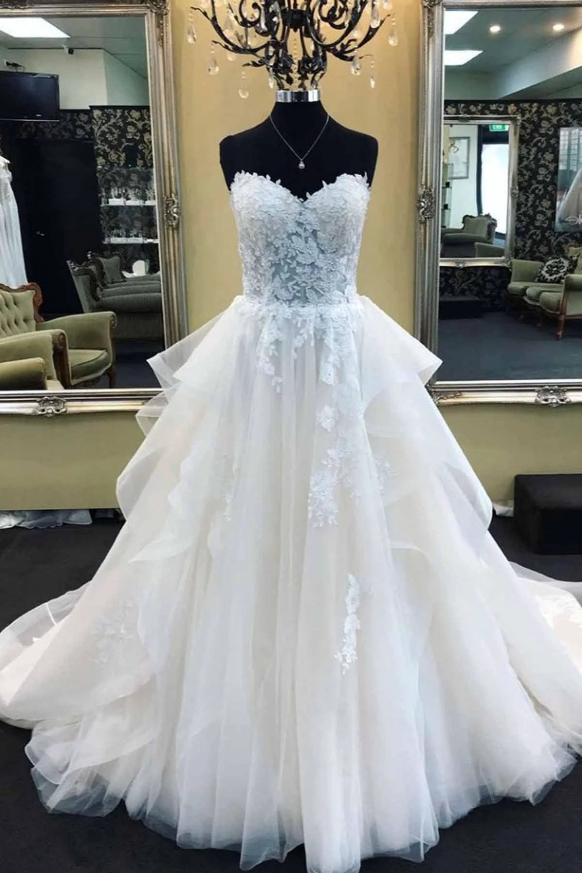 Biztunnel Long A-Line Strapless Lace Tulle Wedding Dress by BIZTUNNEL