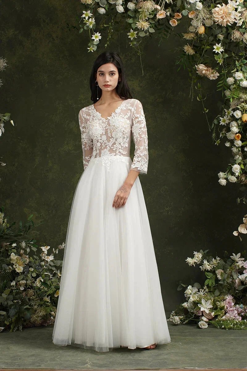 Biztunnel Long A-line Sweetheart Chiffon Lace Wedding Dresses with Sleeves by BIZTUNNEL