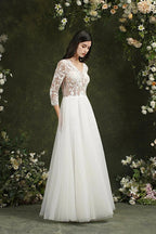 Biztunnel Long A-line Sweetheart Chiffon Lace Wedding Dresses with Sleeves by BIZTUNNEL