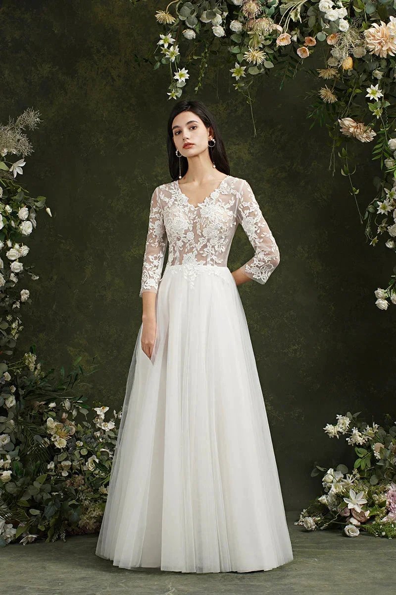 Biztunnel Long A-line Sweetheart Chiffon Lace Wedding Dresses with Sleeves by BIZTUNNEL