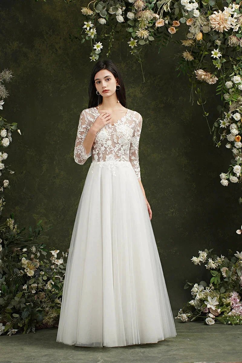 Biztunnel Long A-line Sweetheart Chiffon Lace Wedding Dresses with Sleeves by BIZTUNNEL