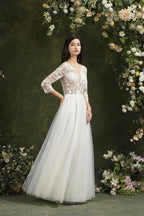 Biztunnel Long A-line Sweetheart Chiffon Lace Wedding Dresses with Sleeves by BIZTUNNEL