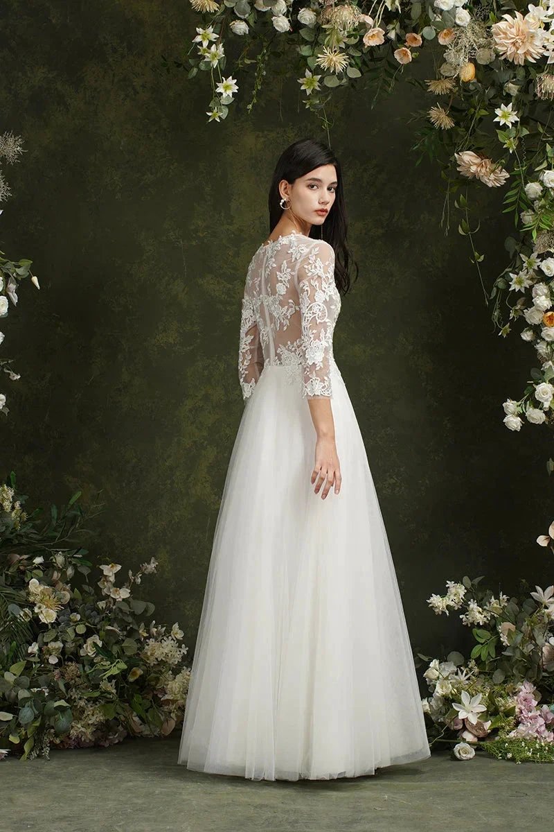 Biztunnel Long A-line Sweetheart Chiffon Lace Wedding Dresses with Sleeves by BIZTUNNEL