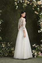 Biztunnel Long A-line Sweetheart Chiffon Lace Wedding Dresses with Sleeves by BIZTUNNEL