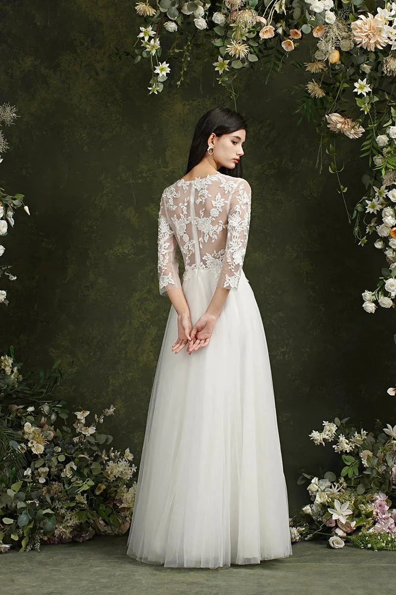 Biztunnel Long A-line Sweetheart Chiffon Lace Wedding Dresses with Sleeves by BIZTUNNEL