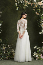 Biztunnel Long A-line Sweetheart Chiffon Lace Wedding Dresses with Sleeves by BIZTUNNEL