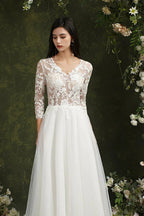 Biztunnel Long A-line Sweetheart Chiffon Lace Wedding Dresses with Sleeves by BIZTUNNEL