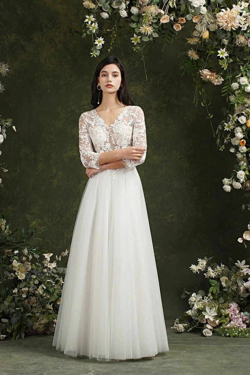 Biztunnel Long A-line Sweetheart Chiffon Lace Wedding Dresses with Sleeves by BIZTUNNEL