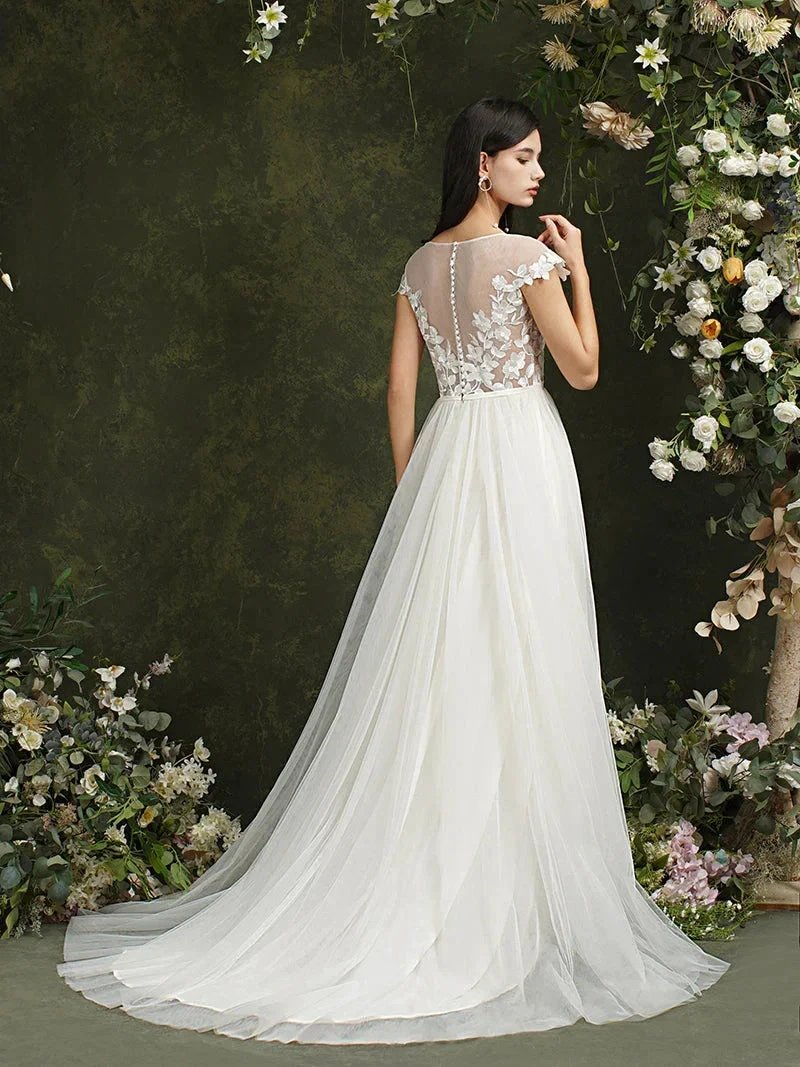 Biztunnel Long A-line Sweetheart Chiffon Lace Wedding Dresses with slit by BIZTUNNEL
