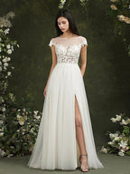 Biztunnel Long A-line Sweetheart Chiffon Lace Wedding Dresses with slit by BIZTUNNEL