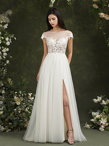 Biztunnel Long A-line Sweetheart Chiffon Lace Wedding Dresses with slit