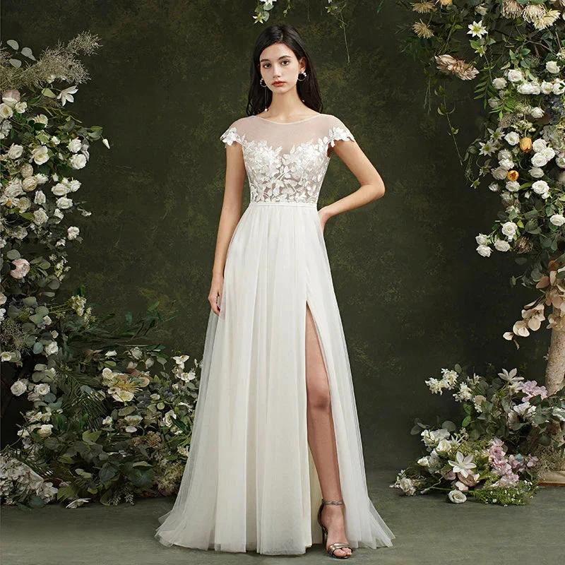 Biztunnel Long A-line Sweetheart Chiffon Lace Wedding Dresses with slit by BIZTUNNEL
