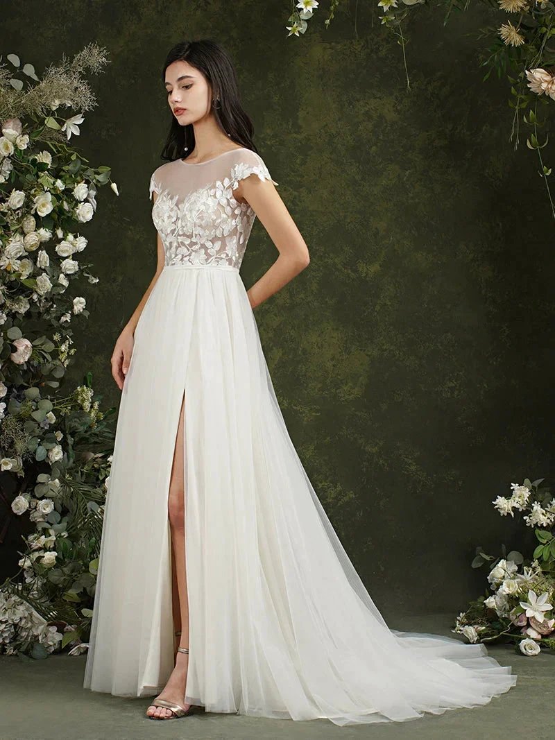 Biztunnel Long A-line Sweetheart Chiffon Lace Wedding Dresses with slit by BIZTUNNEL