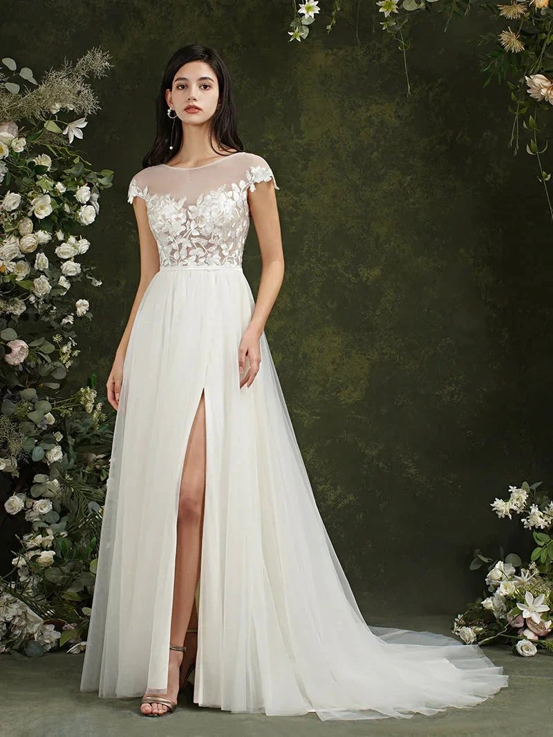 Biztunnel Long A-line Sweetheart Chiffon Lace Wedding Dresses with slit by BIZTUNNEL