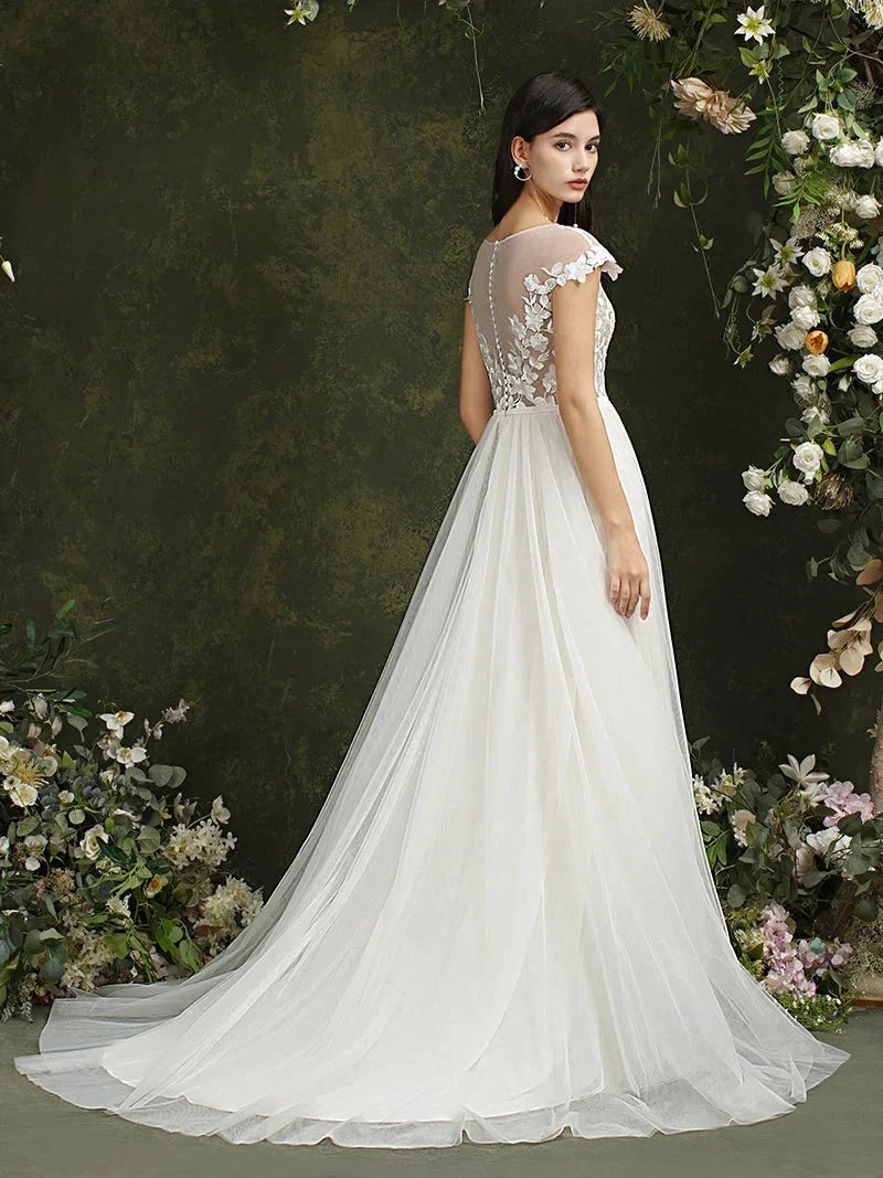 Biztunnel Long A-line Sweetheart Chiffon Lace Wedding Dresses with slit by BIZTUNNEL