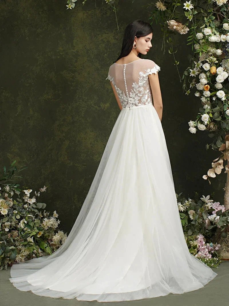 Biztunnel Long A-line Sweetheart Chiffon Lace Wedding Dresses with slit by BIZTUNNEL