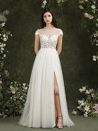 Biztunnel Long A-line Sweetheart Chiffon Lace Wedding Dresses with slit by BIZTUNNEL