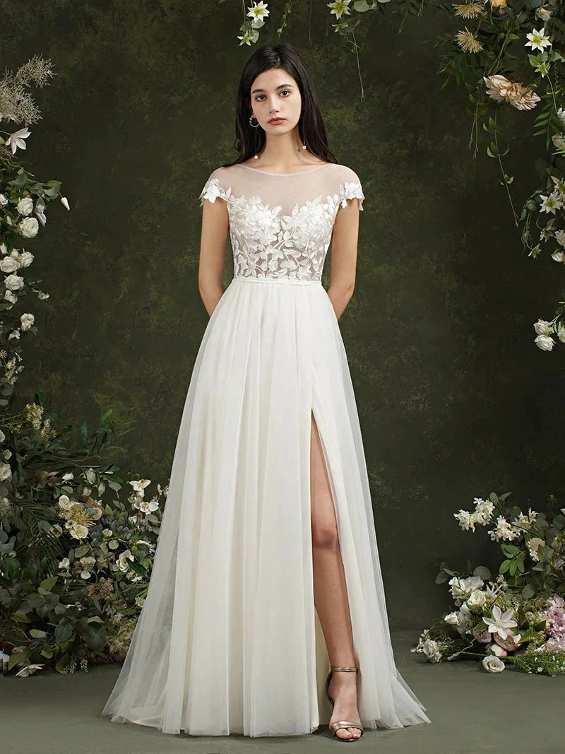 Biztunnel Long A-line Sweetheart Chiffon Lace Wedding Dresses with slit by BIZTUNNEL