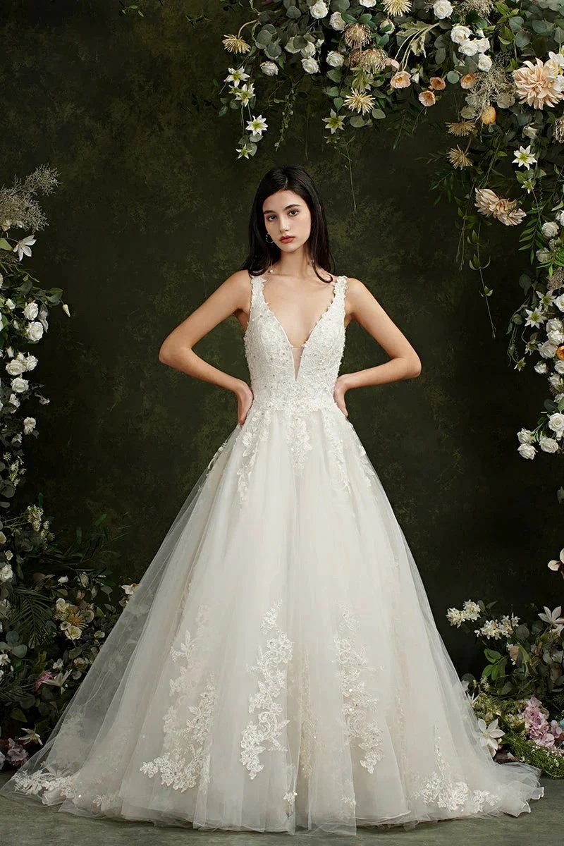 Biztunnel Long A-line V-neck Tulle Lace Backless Wedding Dresses by BIZTUNNEL