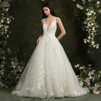 Biztunnel Long A-line V-neck Tulle Lace Backless Wedding Dresses by BIZTUNNEL