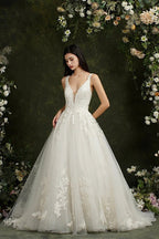 Biztunnel Long A-line V-neck Tulle Lace Backless Wedding Dresses by BIZTUNNEL