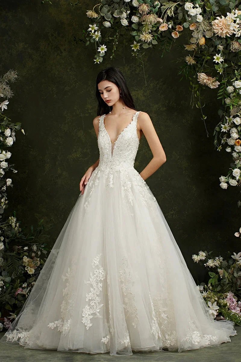 Biztunnel Long A-line V-neck Tulle Lace Backless Wedding Dresses by BIZTUNNEL