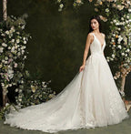 Biztunnel Long A-line V-neck Tulle Lace Backless Wedding Dresses by BIZTUNNEL