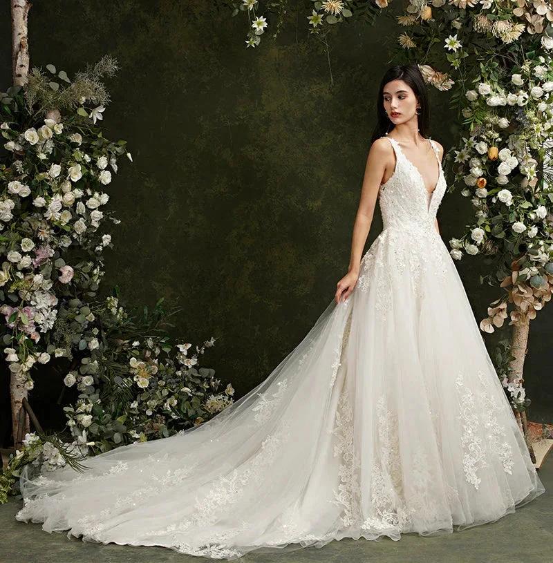 Biztunnel Long A-line V-neck Tulle Lace Backless Wedding Dresses by BIZTUNNEL