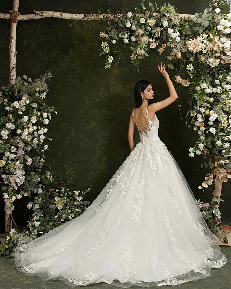 Biztunnel Long A-line V-neck Tulle Lace Backless Wedding Dresses by BIZTUNNEL