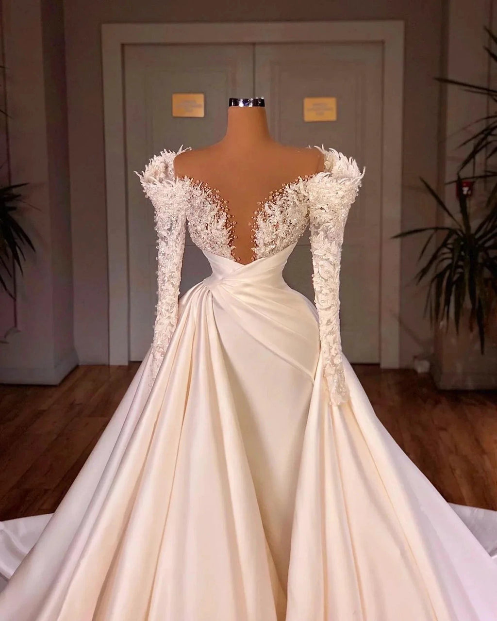 Biztunnel Long Mermaid V-neck Satin Lace Wedding Dresses with Sleeves by BIZTUNNEL