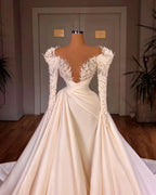 Biztunnel Long Mermaid V-neck Satin Lace Wedding Dresses with Sleeves by BIZTUNNEL