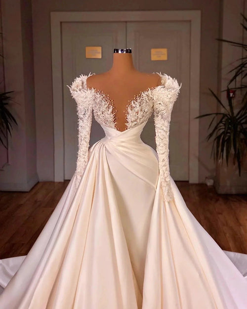 Biztunnel Long Mermaid V-neck Satin Lace Wedding Dresses with Sleeves by BIZTUNNEL