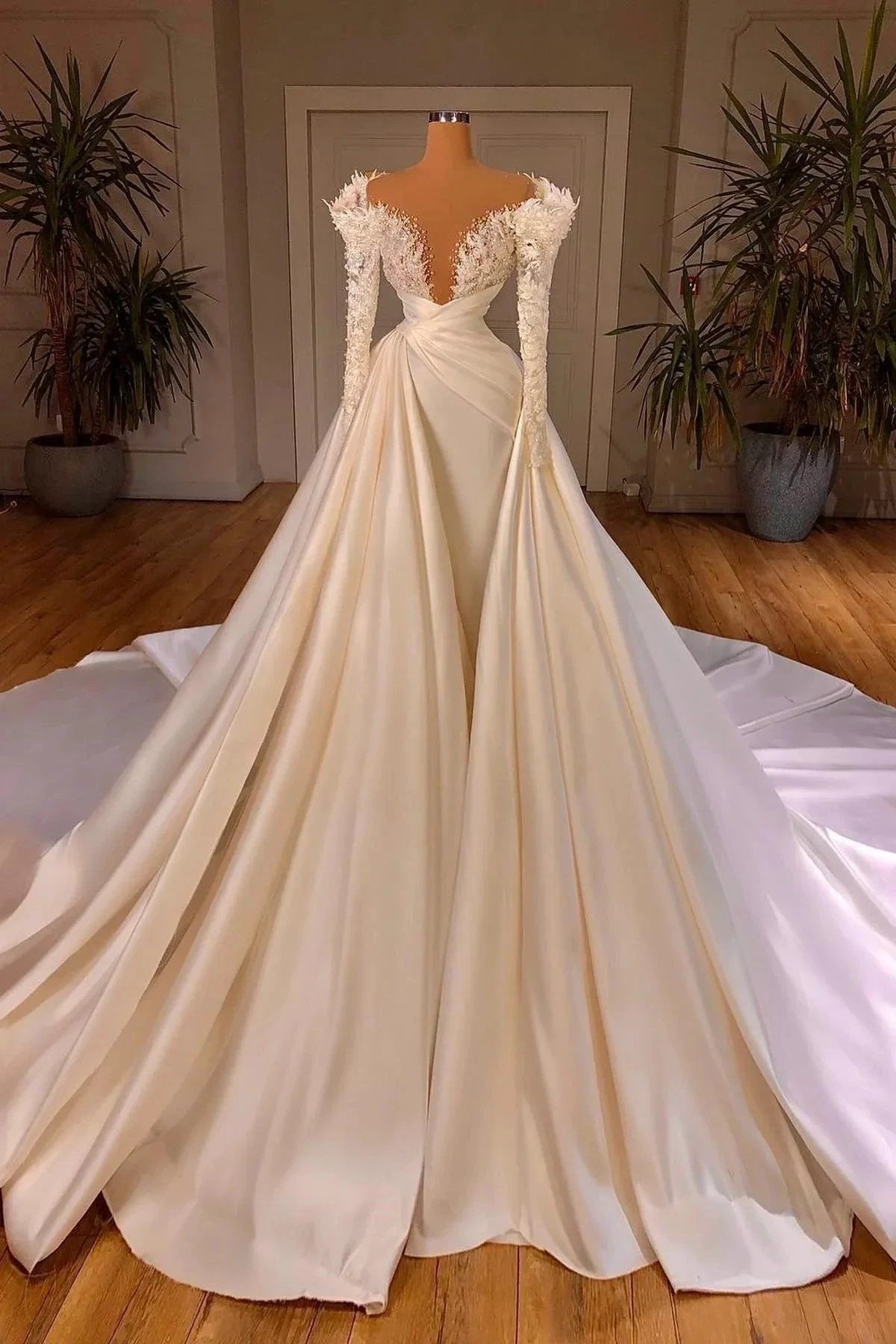 Biztunnel Long Mermaid V-neck Satin Lace Wedding Dresses with Sleeves by BIZTUNNEL